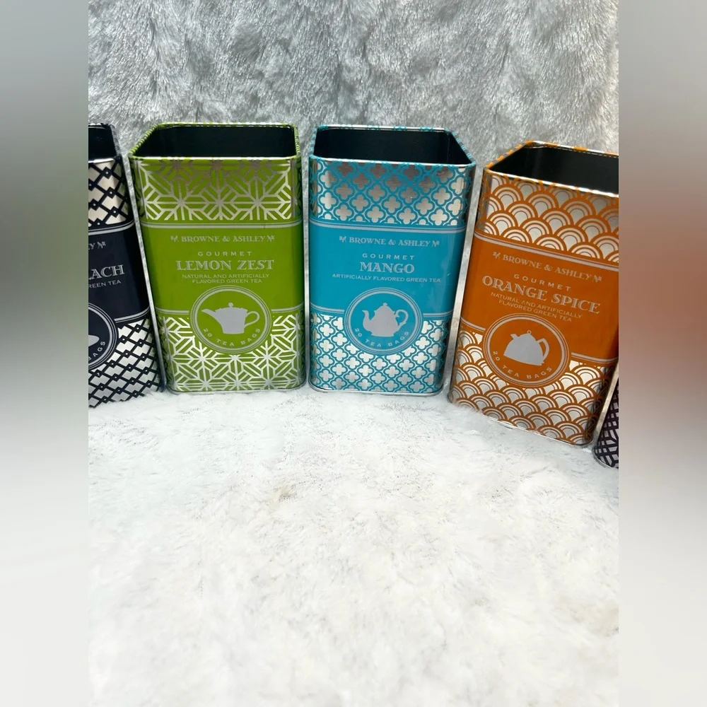 (6) EMPTY METAL TIN TEA BAG CONTAINERS VASES PEN HOLDERS ORGANIZERS NO LIDS
